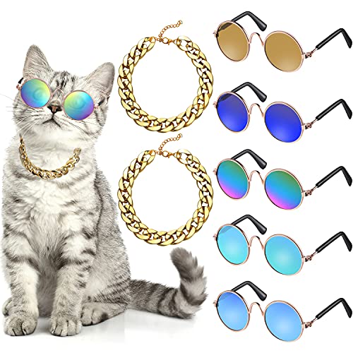 Weewooday 7 Pcs Dog Sunglasses Cats Sunglasses with 2 Gold Chain Retro Round Metal Glasses Funny Cute Cosplay Costume for Small Pet(Fresh Colors,Delicate Style) - Image 1