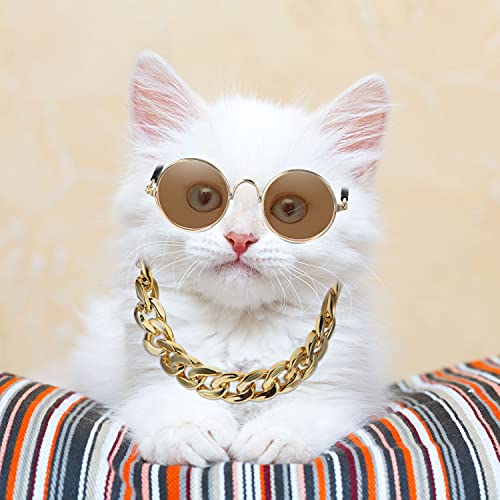 Weewooday 7 Pcs Dog Sunglasses Cats Sunglasses with 2 Gold Chain Retro Round Metal Glasses Funny Cute Cosplay Costume for Small Pet(Fresh Colors,Delicate Style) - Image 2