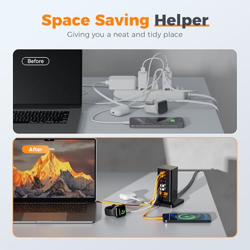 TESSAN محطة شحن PD 100W، TESSAN 9 في 1 شريط طاقة USB C لجهاز iPhone 16/15، MacBook، جهاز لوحي، شاحن سريع للهاتف المكتبي مع 3 مآخذ AC، 3 منافذ USB-A، ملحقات المنزل والمكتب - Image 5
