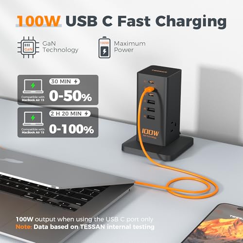 TESSAN محطة شحن PD 100W، TESSAN 9 في 1 شريط طاقة USB C لجهاز iPhone 16/15، MacBook، جهاز لوحي، شاحن سريع للهاتف المكتبي مع 3 مآخذ AC، 3 منافذ USB-A، ملحقات المنزل والمكتب - Image 4