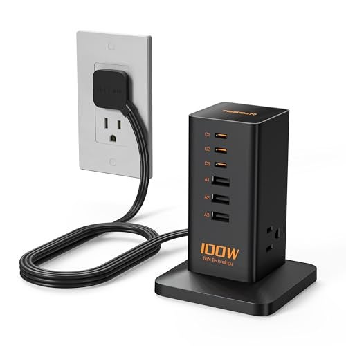 TESSAN محطة شحن PD 100W، TESSAN 9 في 1 شريط طاقة USB C لجهاز iPhone 16/15، MacBook، جهاز لوحي، شاحن سريع للهاتف المكتبي مع 3 مآخذ AC، 3 منافذ USB-A، ملحقات المنزل والمكتب - Image 1