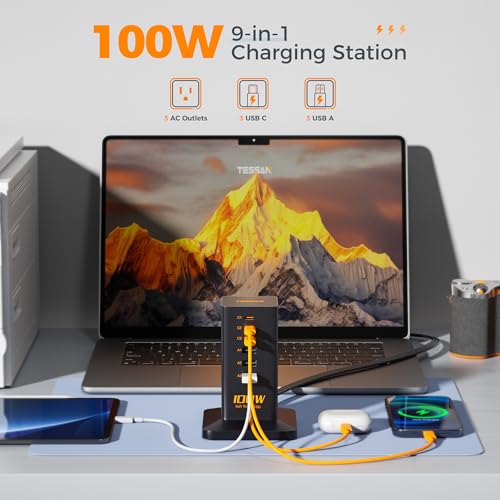 TESSAN محطة شحن PD 100W، TESSAN 9 في 1 شريط طاقة USB C لجهاز iPhone 16/15، MacBook، جهاز لوحي، شاحن سريع للهاتف المكتبي مع 3 مآخذ AC، 3 منافذ USB-A، ملحقات المنزل والمكتب - Image 3