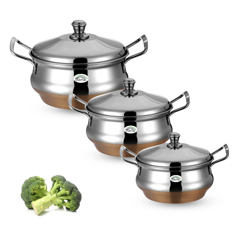 Chakmak Stainless Steel Pearl Copper Bottom Serve and Store Handi Set of 3 With Lid - 1000Ml, 1500Ml and 2000Ml - Image 1