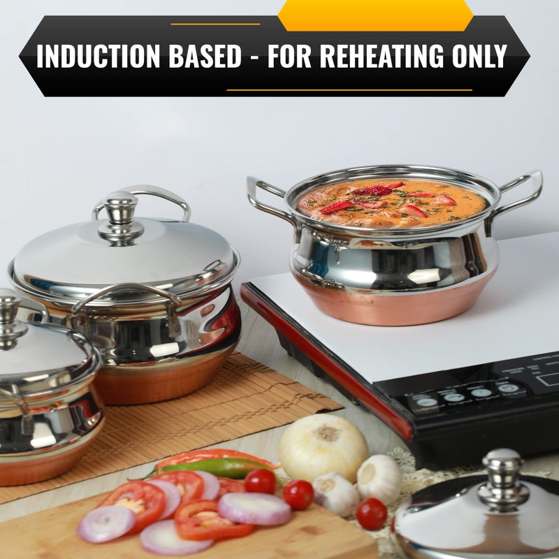 Chakmak Stainless Steel Pearl Copper Bottom Serve and Store Handi Set of 3 With Lid - 1000Ml, 1500Ml and 2000Ml - Image 3