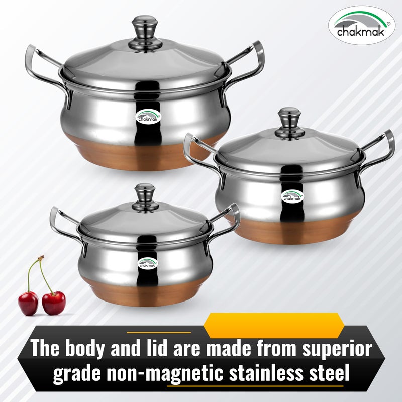 Chakmak Stainless Steel Pearl Copper Bottom Serve and Store Handi Set of 3 With Lid - 1000Ml, 1500Ml and 2000Ml - Image 2