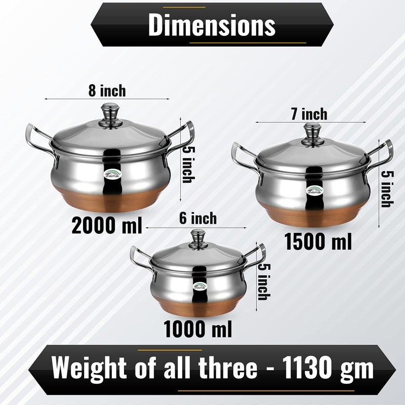 Chakmak Stainless Steel Pearl Copper Bottom Serve and Store Handi Set of 3 With Lid - 1000Ml, 1500Ml and 2000Ml - Image 4