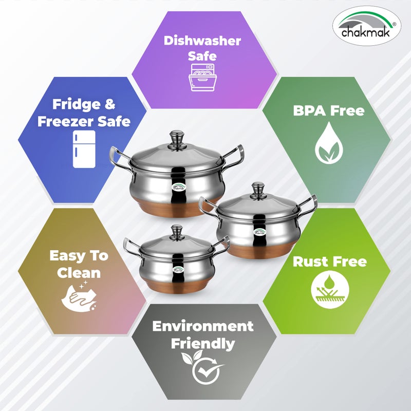Chakmak Stainless Steel Pearl Copper Bottom Serve and Store Handi Set of 3 With Lid - 1000Ml, 1500Ml and 2000Ml - Image 5