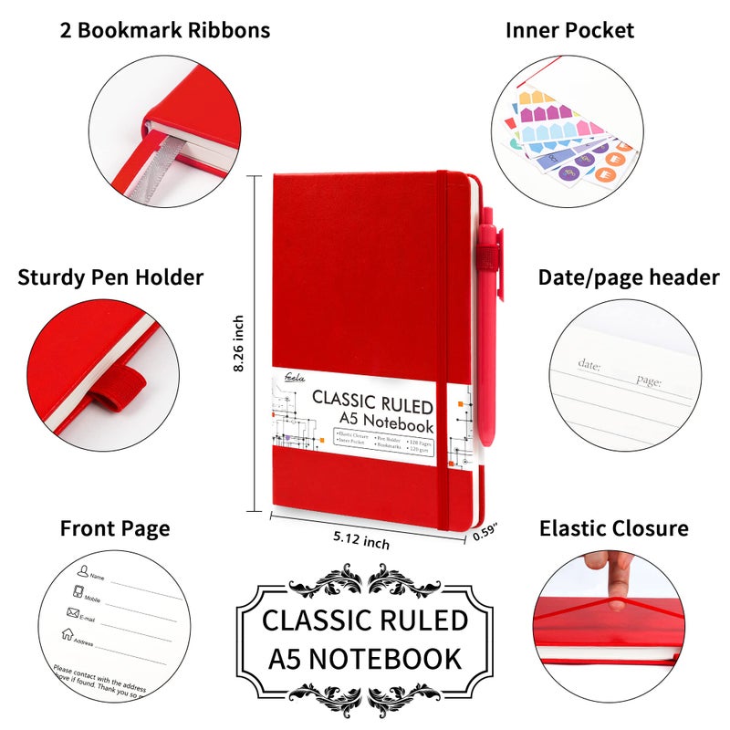 Feela 5 Pack Journal Notebook Bulk For School  Hardcover Business Notebooks Classic Ruled Lined Journals With Pen Holder For Work Note Taking  With 5 Black Pens  120 Gsm  5.1 X8.3   A5  Red - Image 2