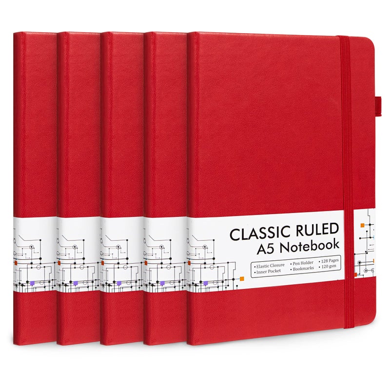 Feela 5 Pack Journal Notebook Bulk For School  Hardcover Business Notebooks Classic Ruled Lined Journals With Pen Holder For Work Note Taking  With 5 Black Pens  120 Gsm  5.1 X8.3   A5  Red - Image 1
