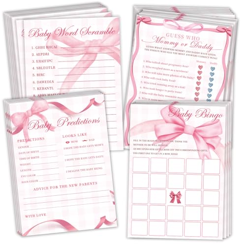 Mecholey Pink Bow Baby Shower Games for Girl 4 Games for 25 Guests Guess Who Mommy or Daddy Word Scramble for Baby Shower Decorations - Image 1