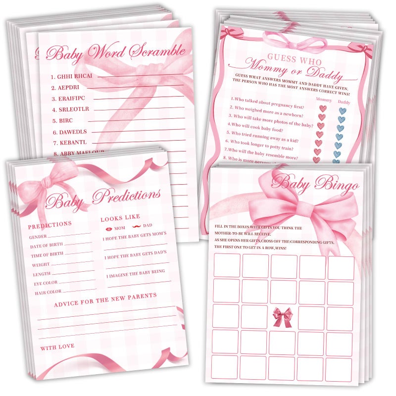 Mecholey Pink Bow Baby Shower Games for Girl 4 Games for 25 Guests Guess Who Mommy or Daddy Word Scramble for Baby Shower Decorations - Image 2