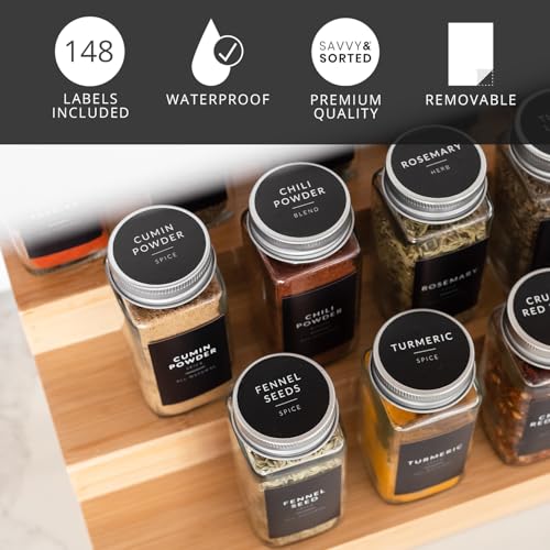 SAVVY & SORTED Spice Labels for Glass Jars, 140 Round Preprinted Waterproof Kitchen Spice Labels Stickers, Seasoning Organization Black Pantry Herbs Label for Top Lid, Chalkboard Labels for Spice Jars - Image 3