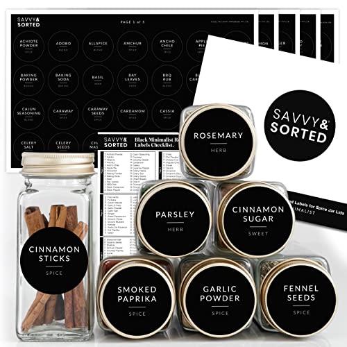 SAVVY & SORTED Spice Labels for Glass Jars, 140 Round Preprinted Waterproof Kitchen Spice Labels Stickers, Seasoning Organization Black Pantry Herbs Label for Top Lid, Chalkboard Labels for Spice Jars - Image 1