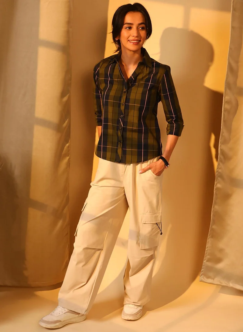 Pinacolada  Women's Olive Green:Navy Blue Tartan Plaid Boxy Shirt for Women | Best Price UAE