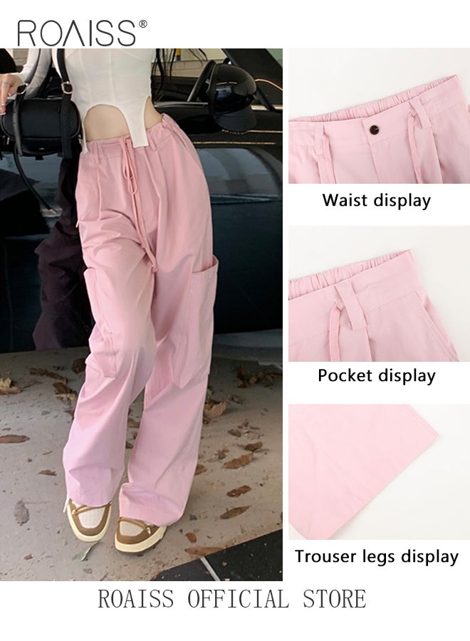 roaiss Women's Loose-Fitting Cargo Pants Ladies Utility Pants Comfy Versatile Wide Leg Trousers with Elastic Waistband and Flowy Belt Casual Large Pocket Drawstring Trousers Pink - Image 5