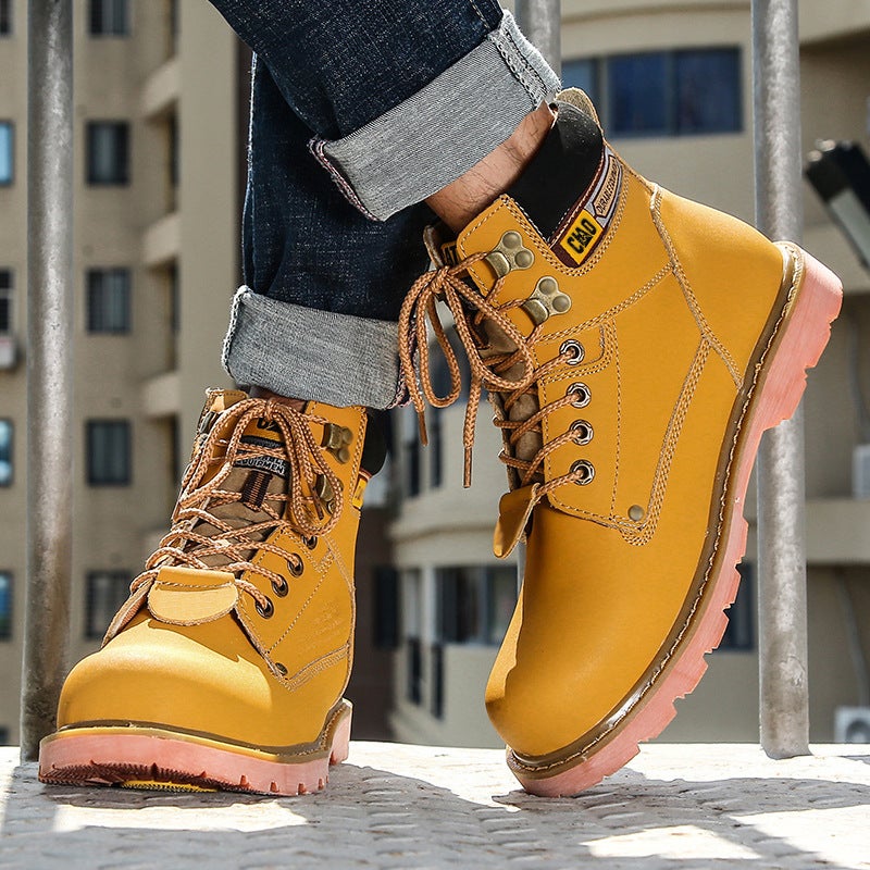 Men'S Martin Boots Big Head Workwear Boots Round Toe Lace-Up Flat Leather Outdoor Mountaineering Shoes Couple Black Boots Spring - Image 3