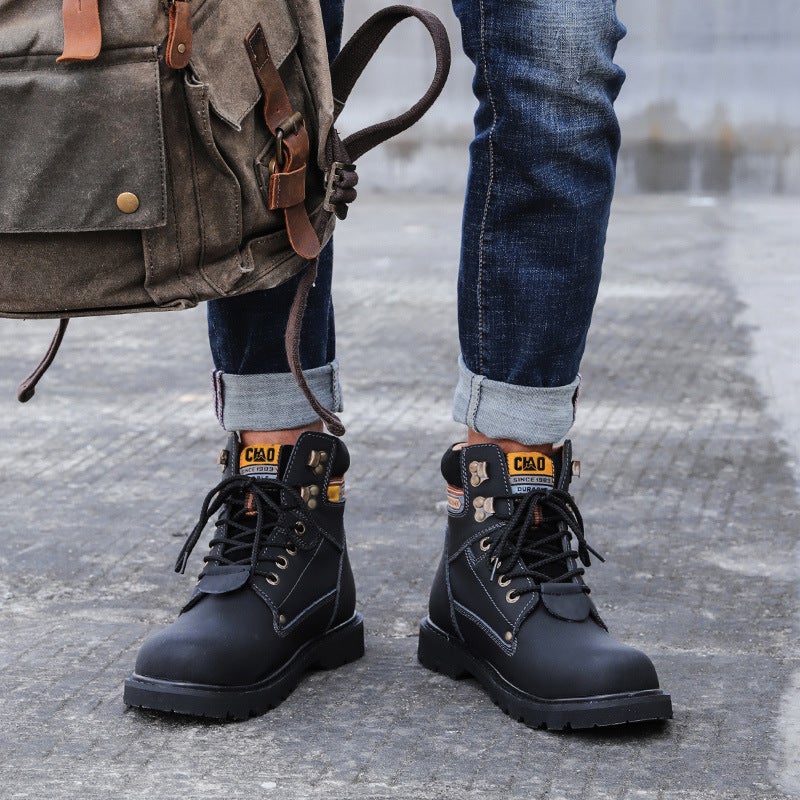 Men'S Martin Boots Big Head Workwear Boots Round Toe Lace-Up Flat Leather Outdoor Mountaineering Shoes Couple Black Boots Spring - Image 5