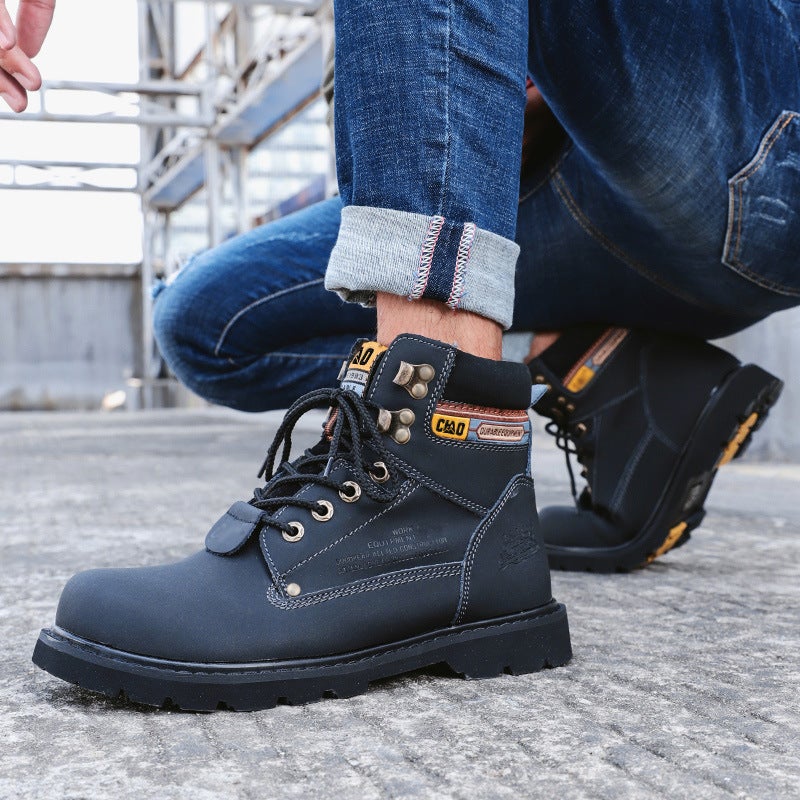 Men'S Martin Boots Big Head Workwear Boots Round Toe Lace-Up Flat Leather Outdoor Mountaineering Shoes Couple Black Boots Spring - Image 2