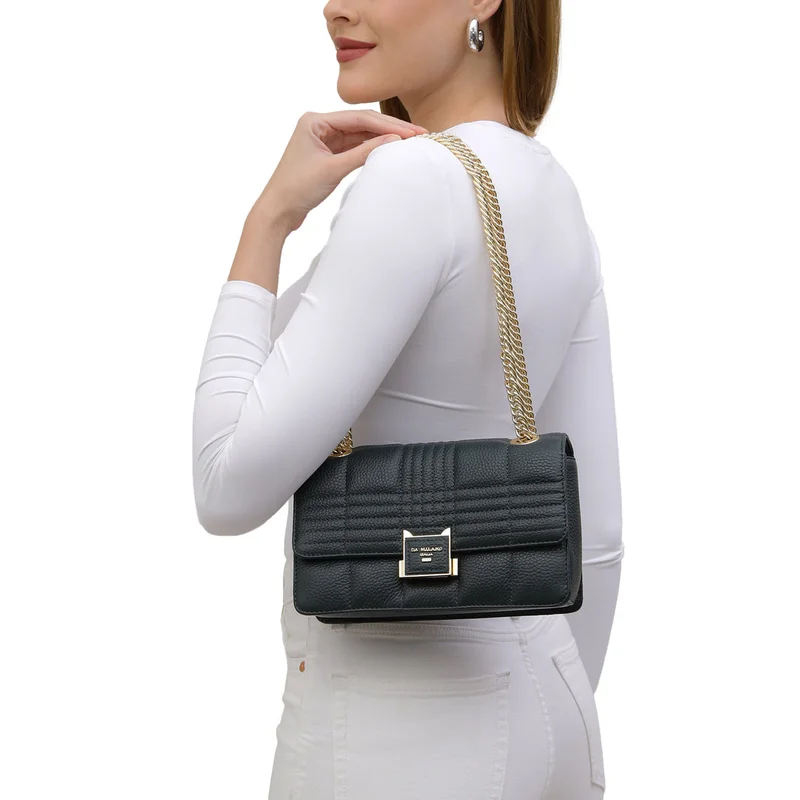 Da Milano Women's Leather Shoulder Bag - Small Wax Stripe - Bottle Green