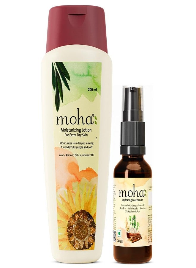 Moha Hydrating Skincare Combo Set - 2% Hyaluronic Acid Serum - 30 Ml & Moisturizing Lotion - 200 Ml with Rice Bran, Yashtimadhu, Bamboo, Aloe Vera, Almond & Sunflower Oil for Glowing & Anti-Aging Skin, Supple, Soft & Deeply Moisturized Skin | Reduce Fine Lines, Give Youthful Look & Plump Skin | Restore Skin Elasticity, Enhance Skin Penetration & Nourish Skin | Lightweight, Non-Greasy, Quick Absorbing for All Skin Types - Pack of 2 - Image 1