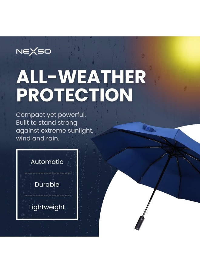 Nexso Blue Automatic Travel Umbrella – Windproof, Waterproof, UV Protection, One-Touch Open/Close, Compact & Portable, Teflon-Coated, Black, for Men & Women - Image 2