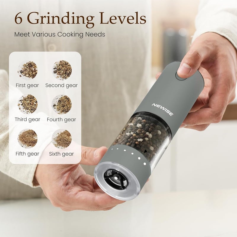Newise Electric Salt and Pepper Grinder Set Rechargeable with LED Lights, Automatic Pepper & Salt Mill, Adjustable Coarseness, Large Capacity, Grey - Image 3