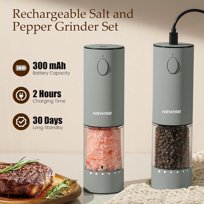 Newise Electric Salt and Pepper Grinder Set Rechargeable with LED Lights, Automatic Pepper & Salt Mill, Adjustable Coarseness, Large Capacity, Grey - Image 4