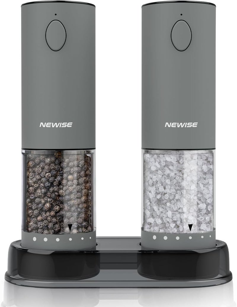 Newise Electric Salt and Pepper Grinder Set Rechargeable with LED Lights, Automatic Pepper & Salt Mill, Adjustable Coarseness, Large Capacity, Grey - Image 1