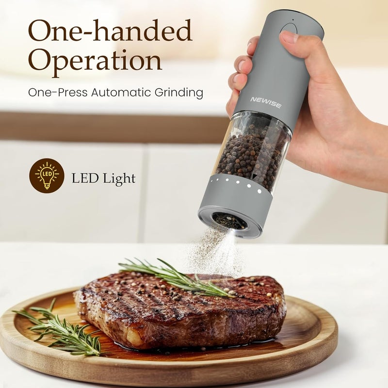 Newise Electric Salt and Pepper Grinder Set Rechargeable with LED Lights, Automatic Pepper & Salt Mill, Adjustable Coarseness, Large Capacity, Grey - Image 2