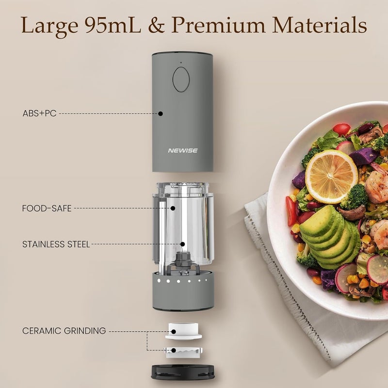 Newise Electric Salt and Pepper Grinder Set Rechargeable with LED Lights, Automatic Pepper & Salt Mill, Adjustable Coarseness, Large Capacity, Grey - Image 5