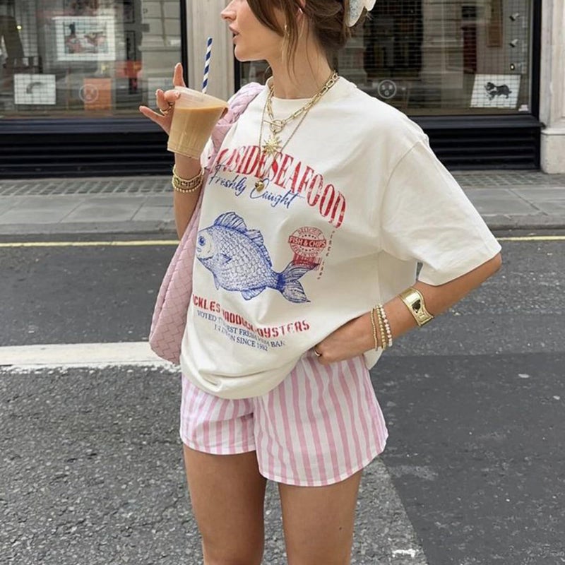KOSUSANILL Women Cute Graphic Oversized Tees Fish Lobster Sea Floral Fruit Printed Y2K Baggy T Shirts Teen Girls Preppy Coastal Clothes Vintage Aesthetic Free People Dup ES Clothes Blue Fish - Image 2