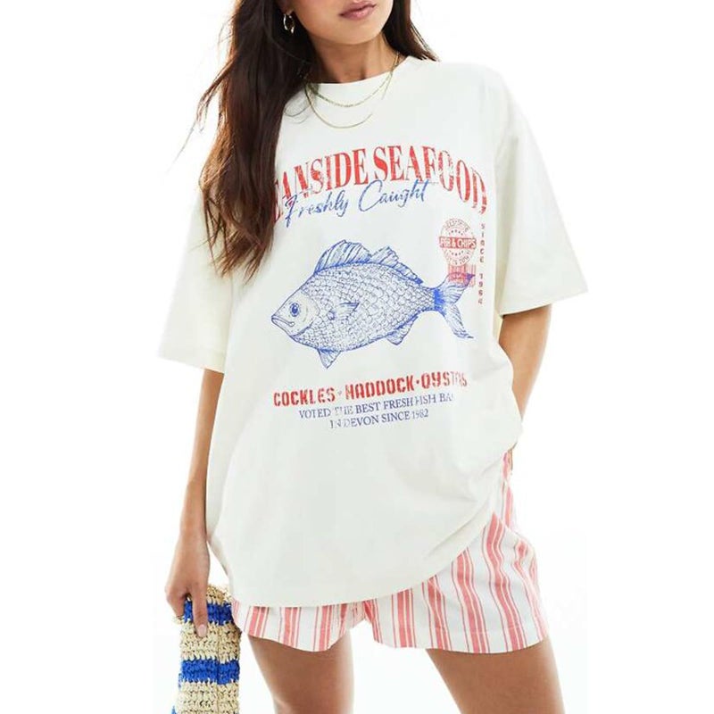 KOSUSANILL Women Cute Graphic Oversized Tees Fish Lobster Sea Floral Fruit Printed Y2K Baggy T Shirts Teen Girls Preppy Coastal Clothes Vintage Aesthetic Free People Dup ES Clothes Blue Fish - Image 1