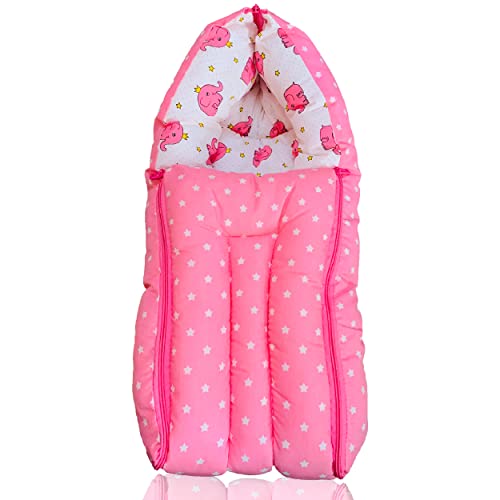 Infans Mini Elephant Mini 3 in 1 Baby's Cotton Bed Cum Carry Bed Printed Baby Sleeping Bag-Baby Bed-Infant Portable for Unisex Easily Portable, Light Weight Carry for New Born 0-4 Months Old(Pink) - Image 1