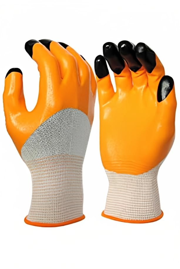 SR Hand Gloves Hand Work Safety Polymer Coated Non Slip Gloves Free Size Orange Gloves (Pack Of 5 Pair)  - Image 1