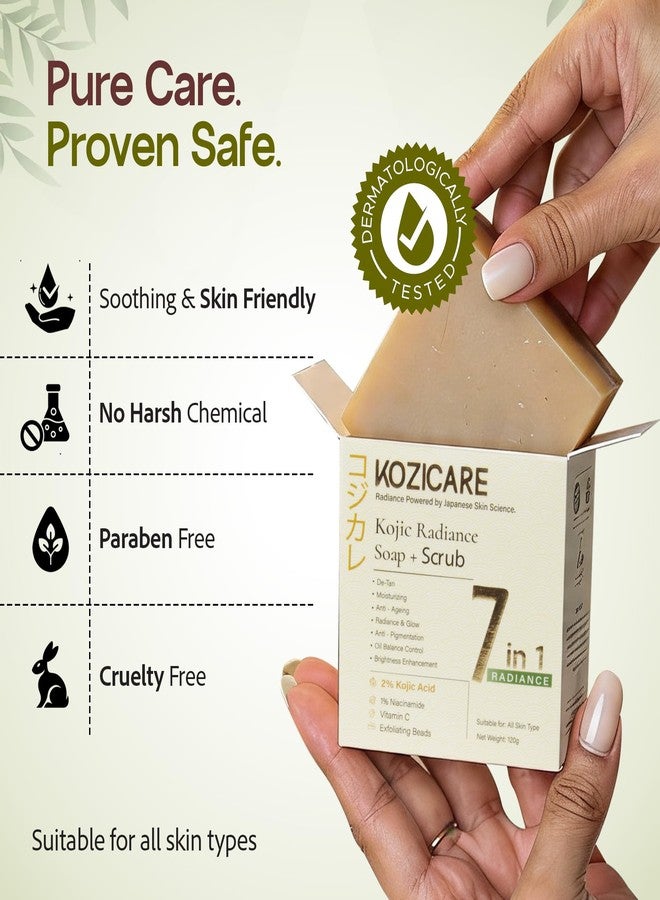 Kozicare Kojic Radiance Soap + Scrub | 7-in-1 Magic Soap Bar with 2% Kojic Acid, 1% Niacinamide & Vitamin C for De-Tan & Anti-Pigmentation | Exfoliating Face & Body Soap Bar | Fades Dark Spot | 120g - Pack of 3 - Image 4