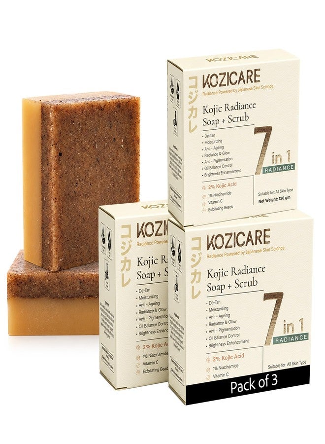 Kozicare Kojic Radiance Soap + Scrub | 7-in-1 Magic Soap Bar with 2% Kojic Acid, 1% Niacinamide & Vitamin C for De-Tan & Anti-Pigmentation | Exfoliating Face & Body Soap Bar | Fades Dark Spot | 120g - Pack of 3 - Image 1