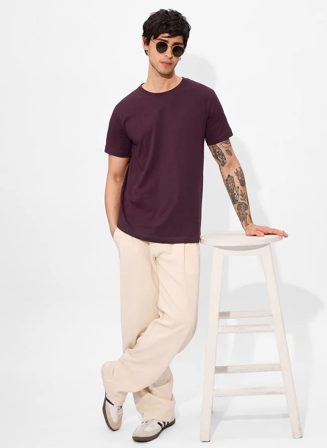The Souled Store  The Souled Store Men Plum Solid Regular Fit T-Shirt  | Best Price UAE