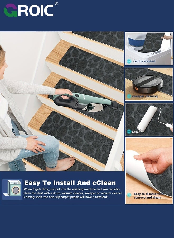 GROIC 10Pcs Stair Carpets, Stair Treads for Wooden Steps Indoor,  Non-Slip Indoor Carpet Stair Treads with Reusable Polyester TPE Backing for Kids Elders and Pets, Grey Stone Pattern,Staircase Protectors - Image 2