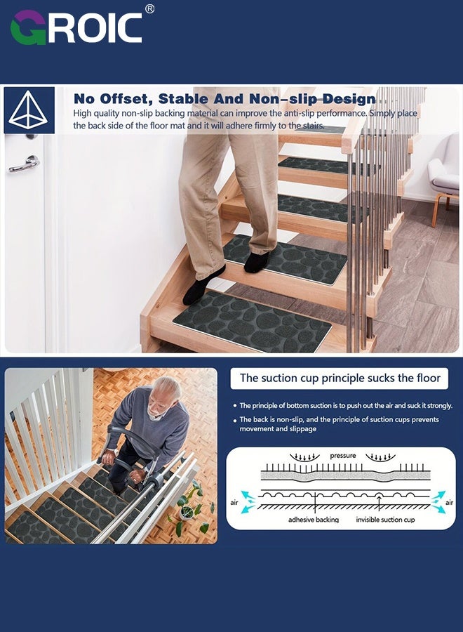 GROIC 10Pcs Stair Carpets, Stair Treads for Wooden Steps Indoor,  Non-Slip Indoor Carpet Stair Treads with Reusable Polyester TPE Backing for Kids Elders and Pets, Grey Stone Pattern,Staircase Protectors - Image 3