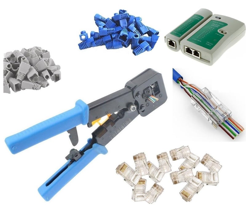 UbiGear® Professional Pass-Through Network Tool Kits Network/Phone Cable Tester + RJ11/RJ12/RJ45 Crimp Crimper +50 RJ45 CAT5e Pass-through Connector Plugs Boots Network Tool Kits (PassThrough) - Image 1