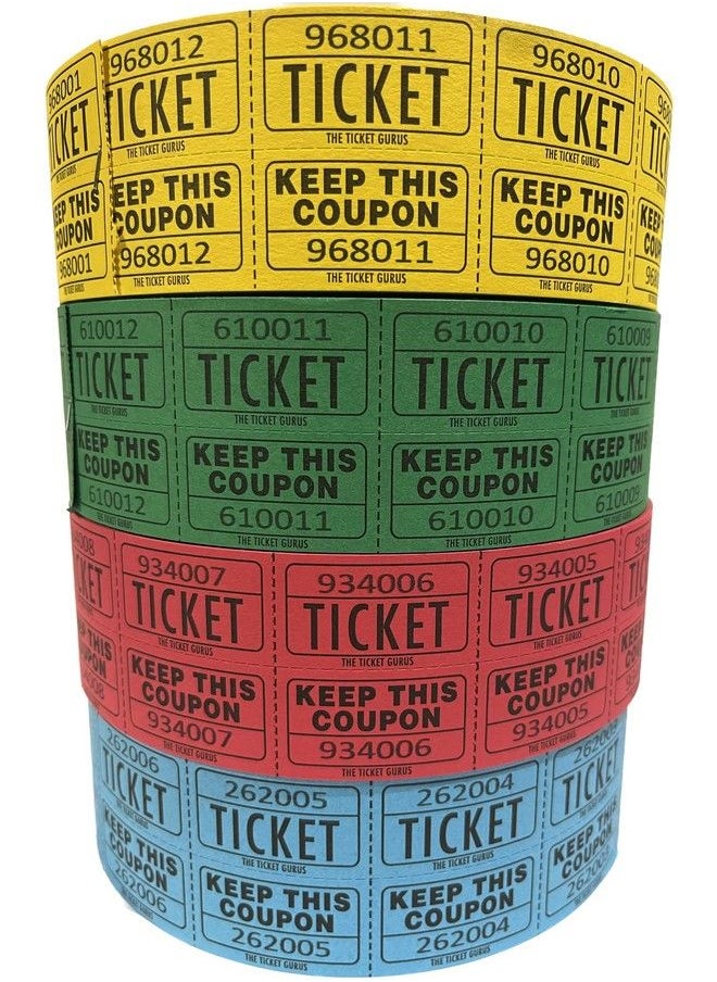 The Ticket Gurus - Raffle Tickets (4 Rolls Of 2000 Double Tickets) 8000 Total 50 50 Raffle Tickets (Blue Yellow Red Green) - Image 1