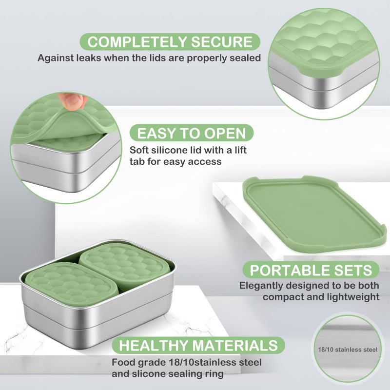 Leonyo 18/10 Stainless Steel Lunch Containers for Kids, Leak Proof Food Snack Containers with Silicone Lids, Metal Toddler Bento Box for School Daycare Picnic, Non-Toxic, Green(25oz+8oz*2) - Image 3