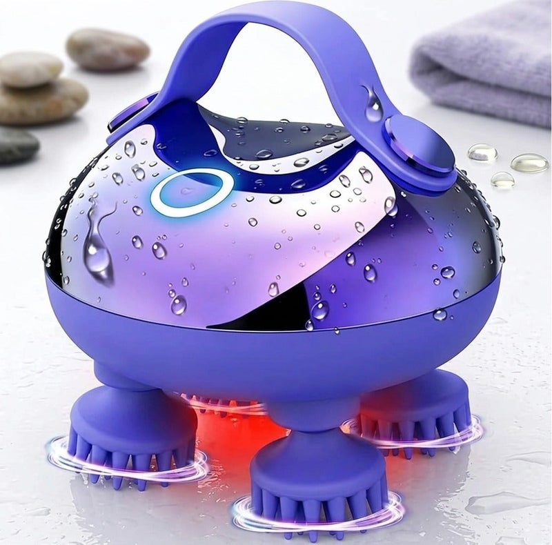 Electric Scalp Massager, Waterproof Head Massager for Hair Growth and Stress Relief, Handheld Smart Scalp Massager with 8 Removable Silicone Claws, 4 Modes and Red Light Therapy – Purple - Image 1
