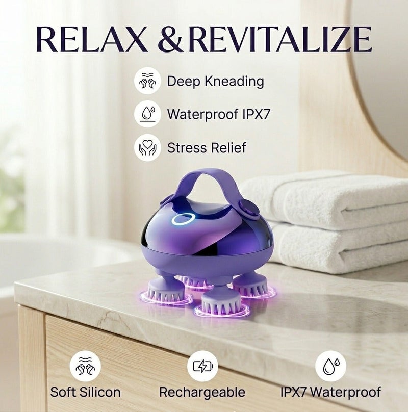 Electric Scalp Massager, Waterproof Head Massager for Hair Growth and Stress Relief, Handheld Smart Scalp Massager with 8 Removable Silicone Claws, 4 Modes and Red Light Therapy – Purple - Image 3