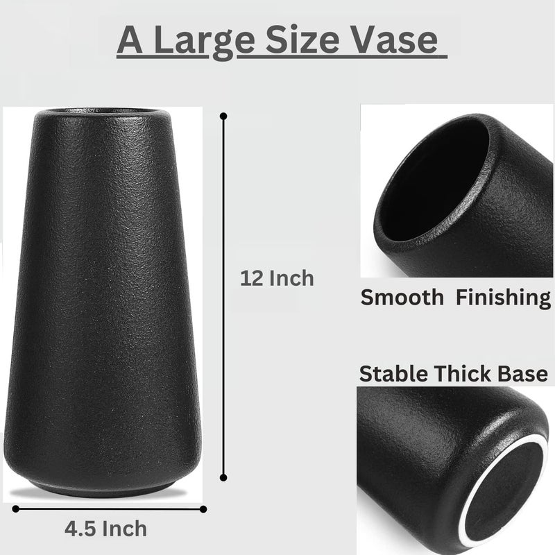 DECORPIA 12 Inch Tall Premium Quality Ceramic Vase | Flower Vase for Home Decor | Farmhouse Decor  Desk Decor  Modern Decor  Aesthetic Room Decor  White Vase for Bohemian Decor  Pampas Vase  Black - Image 2