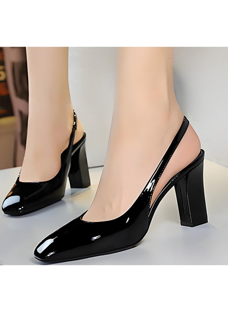 بيج تري المرأة مغلقة مربع إصبع القدم مضخات سلينغباك شانكي عالية الكعب الصنادل الأسود 8.5CM - Image 3