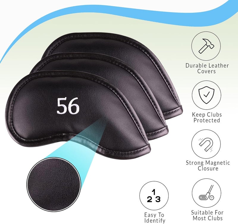 All Teed Up Premium Magnetic Leather Iron and Wedge Golf Club Head Covers | Set of 10 | Fits Most Clubs | Embroidered Club Label on Both Sides of Club Head Cover - Image 2