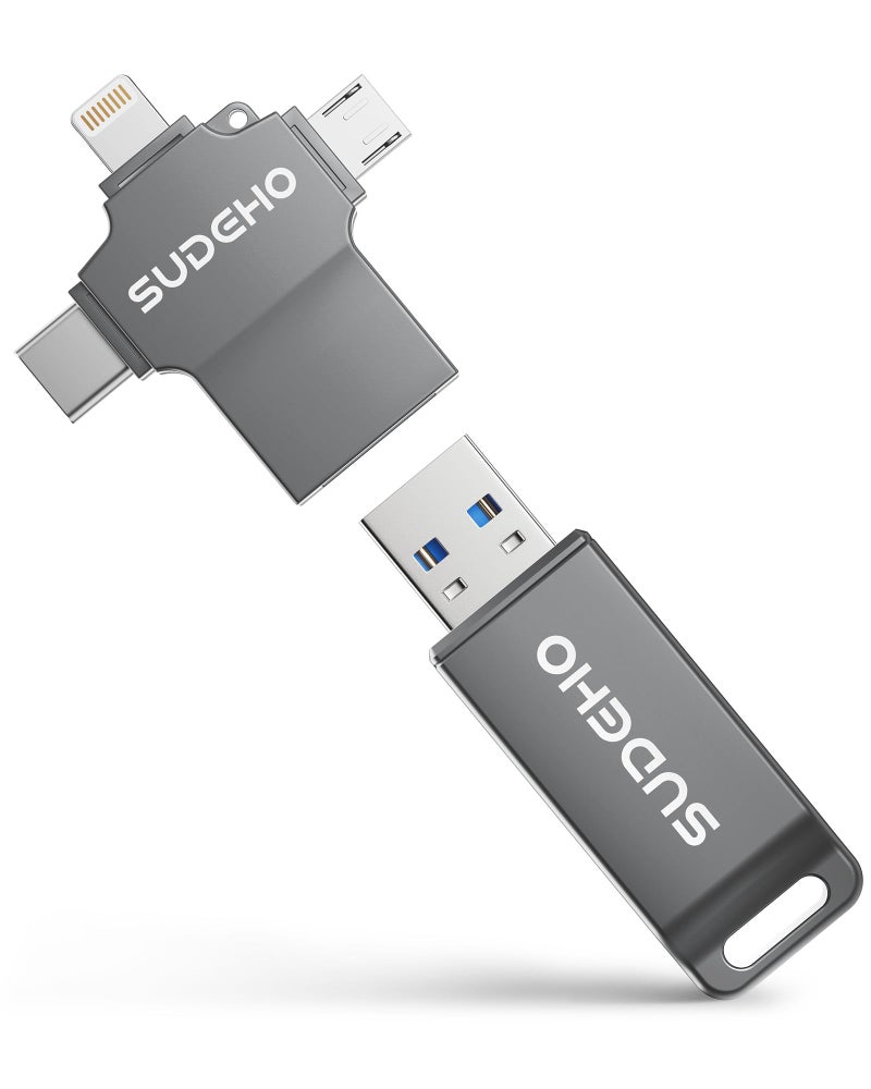 SUDEHO MFi Certified Photo Stick 128GB USB Flash Drive for iPhone, 4 in 1 External Memory Thumb Drive for Picture Video Data Backup, High Speed Memory Stick USB Drive for iPhone/iPad/Android/PC (Gun Black) - Image 1