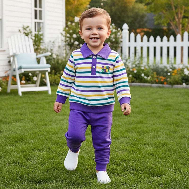 Amnnchya Toddler Baby Boy Valentines Outfit Heart Stripes Sweatshirt Solid Pants Kids Little Boys St Patricks Clothes Set (Purple Mardi Gras Outfit, 2-3T) - Image 5
