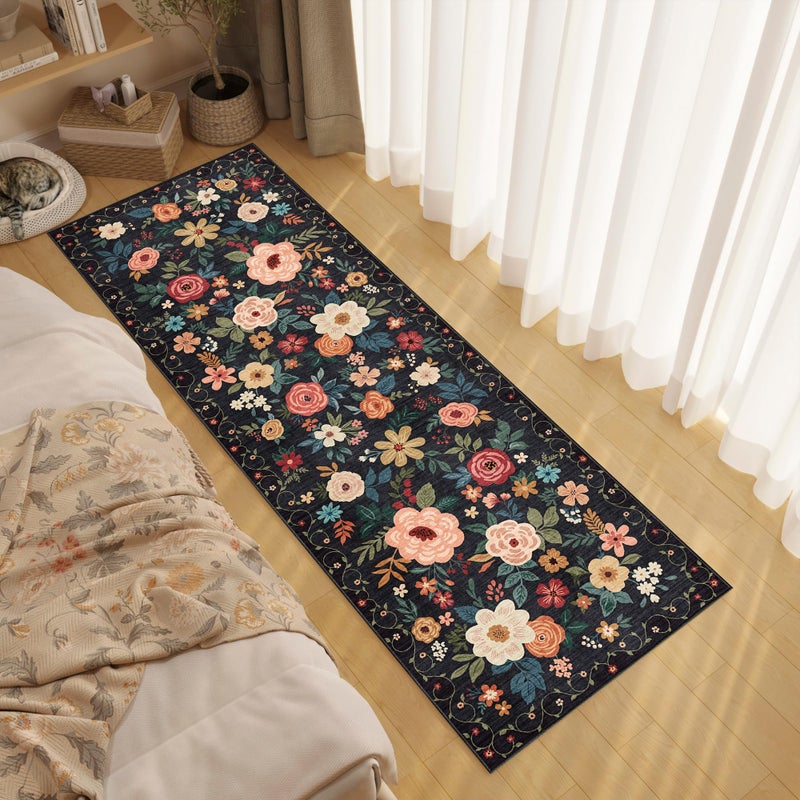DUKINO Runner Rug, 2.6x8 Kitchen Rugs for Hallway with Non Slip Backing, Washable Low Pile Soft Boho Floral Runner Carpet for Hallway, Kitchen, Entryway, Laundry, Bedroom, Black - Image 2